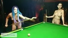 Play Two teenage girls play billiards naked