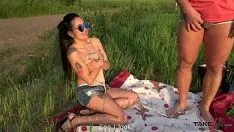 Play Bloody brunette on the field convinced by a fat man to do xxx